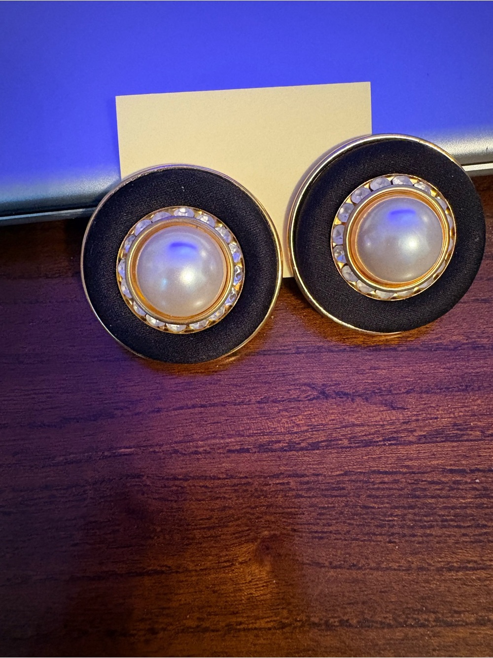 Vintage Black and Gold Earrings with Pearl Center